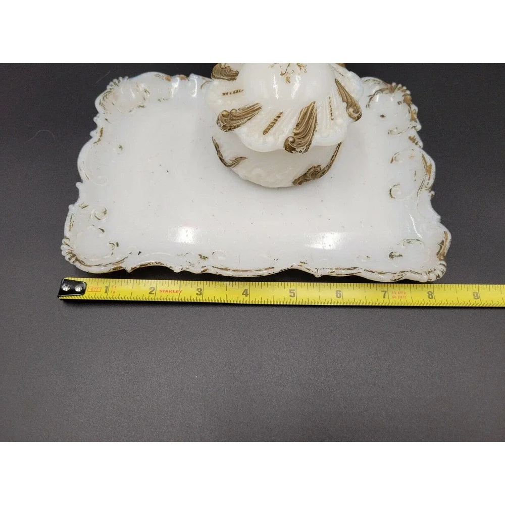 ATQ Milk Glass Vanity Tray Powder Trinket Box Victorian #513 Gold Tone Trim